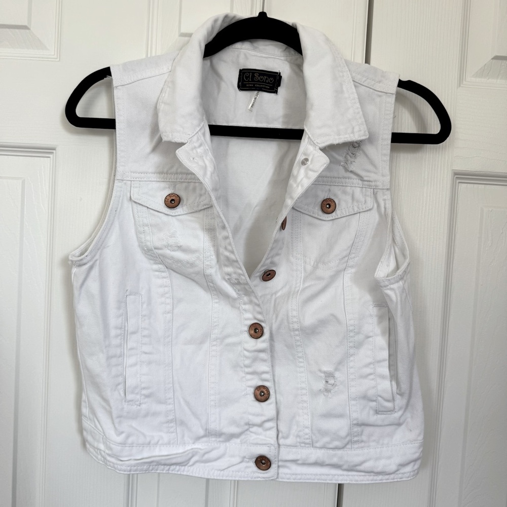Ci Sono White Distressed Cotton Denim Jean Vest Button Details Women’s Large EUC - Picture 2 of 13